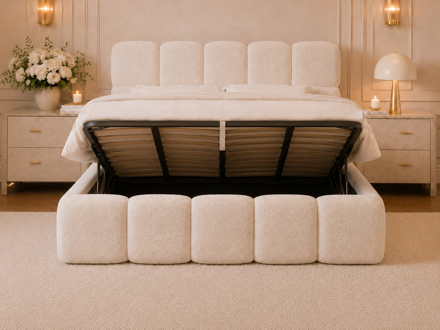 Ottoman bed platform beginning to lift with gas-lift hinges