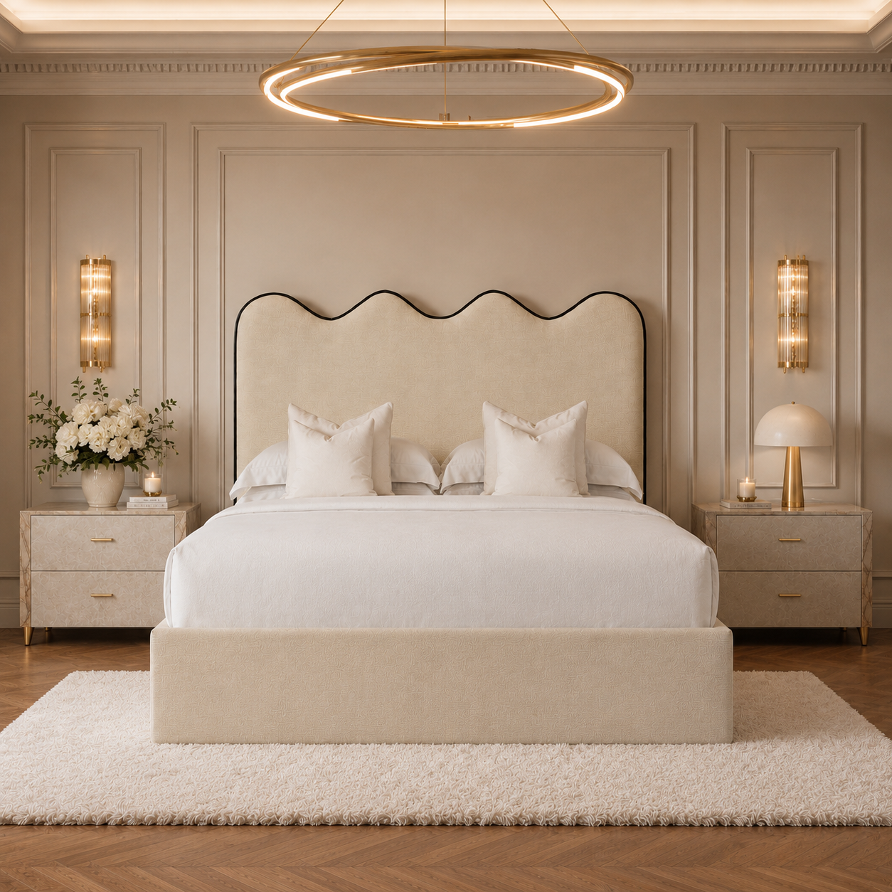 Front view of an upholstered bed showing overall frame measurements