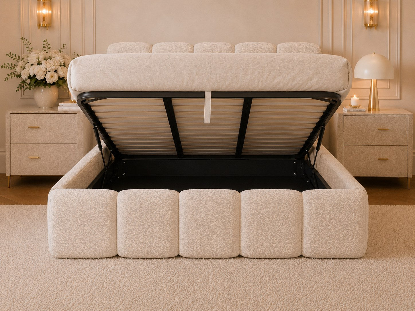 Ottoman storage bed with gas-lift mechanism raised