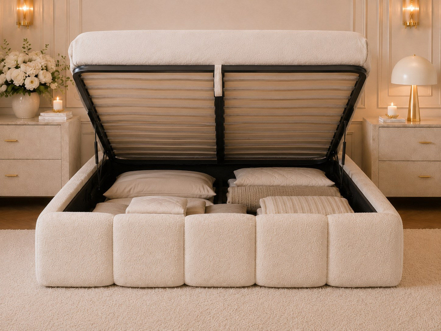 Ottoman storage bed with bedding stored inside